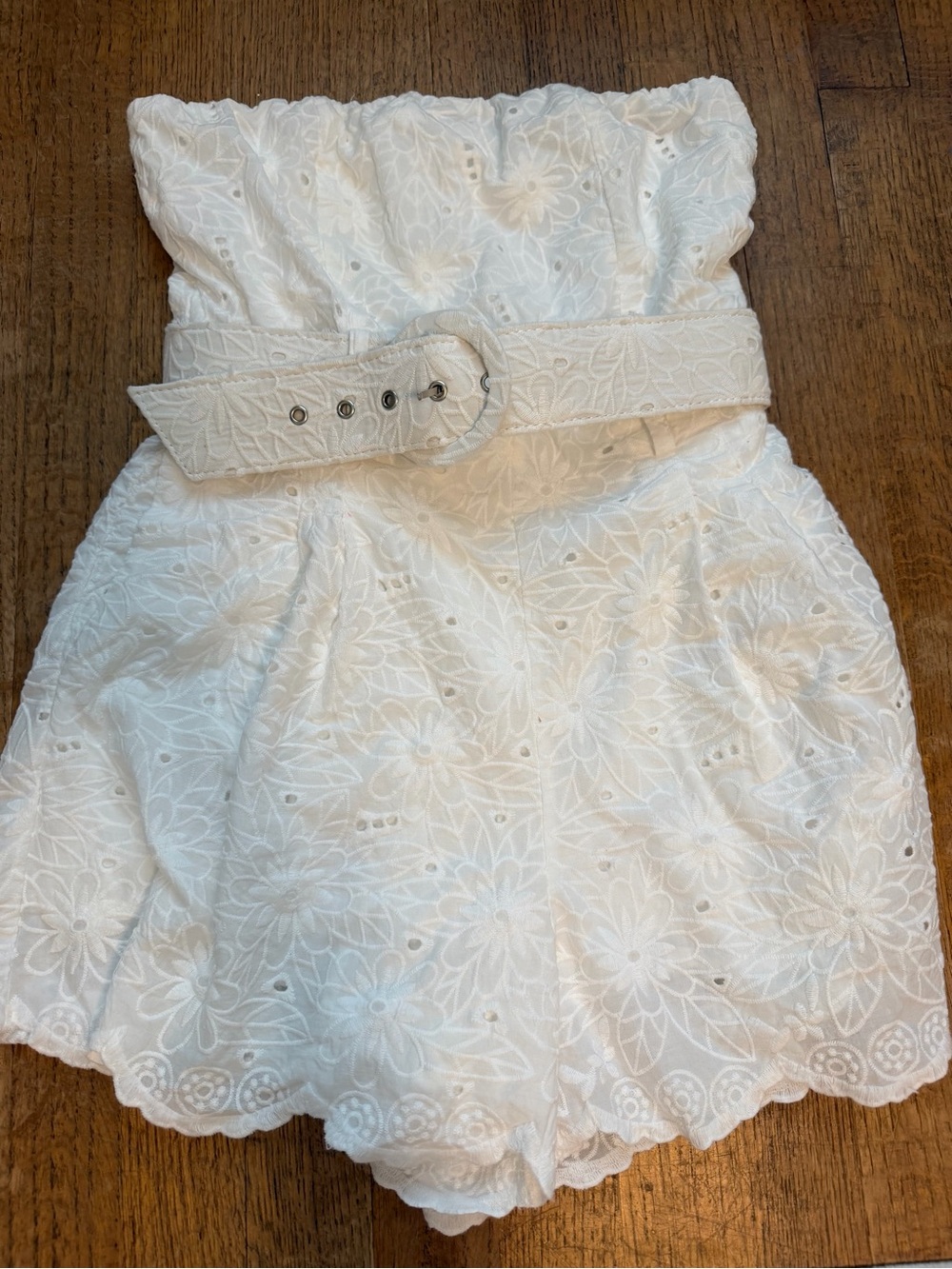 Strapless White Eyelet Belted Dress